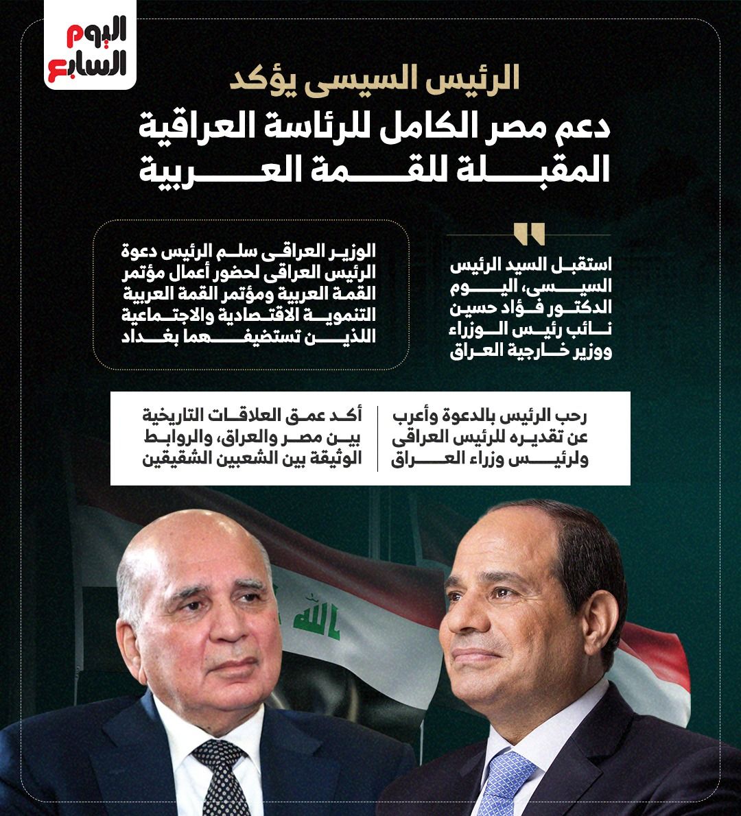 الرئيس السيسى يؤكد دعم مصر الكامل للرئاسة العراقية المقبلة للقمة العربية