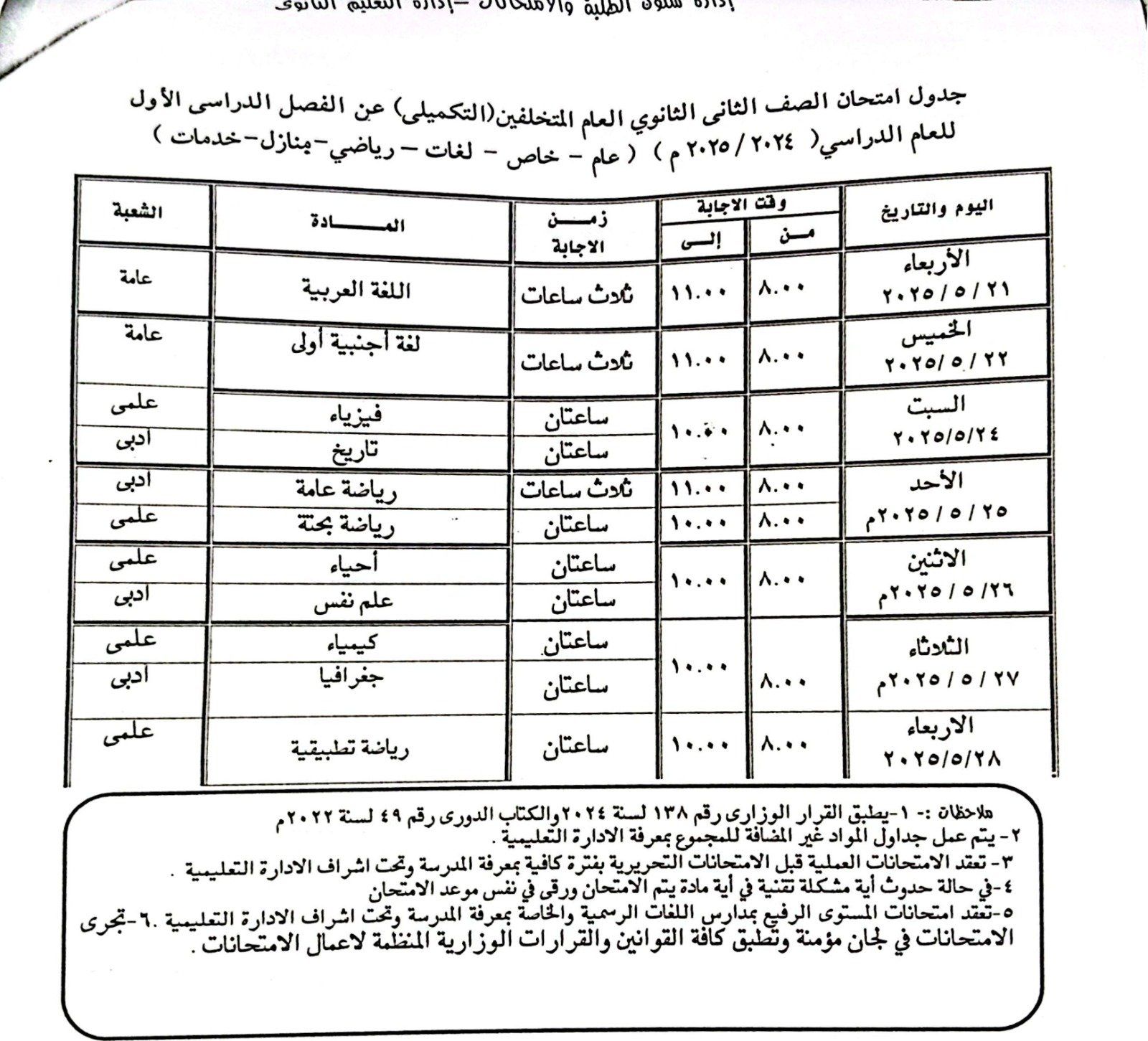 جدول امتحانات الصف الثانى الثانوى للمتخلفين التكميلي جدول امتحانات الصف الثانى الثانوى للمتخلفين التكميلي