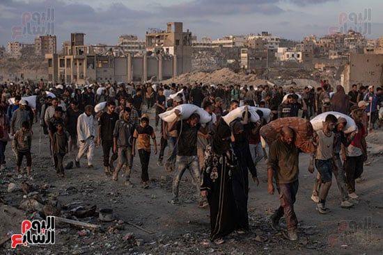 الفلسطنيين يحملون المساعدات من قبل الشركة الأمريكية الفلسطنيين يحملون المساعدات من قبل الشركة الأمريكية