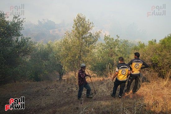يُكافح أحد عناصر الدفاع المدني السوري النيران في موقع حريق هائل في منطقة قسطل معاف بريف اللاذقية يُكافح أحد عناصر الدفاع المدني السوري النيران في موقع حريق هائل في منطقة قسطل معاف بريف اللاذقية