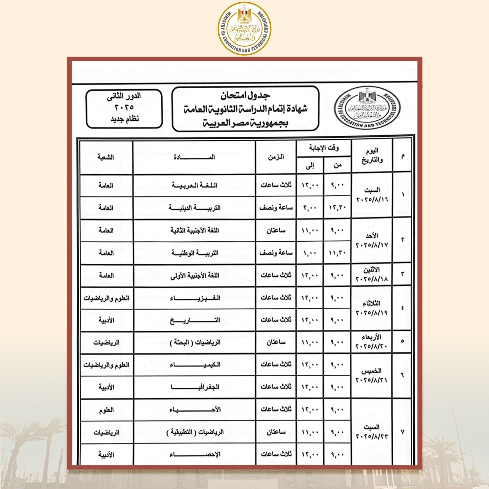 جدول الثانوية العامة نظام جديد للدور الثانى 2025 جدول الثانوية العامة نظام جديد للدور الثانى 2025