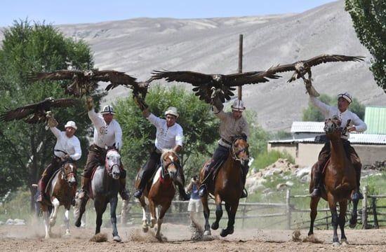 قيرغيزستان الصيادين التقليديين مع النسور في مهرجان سالبورون (3)