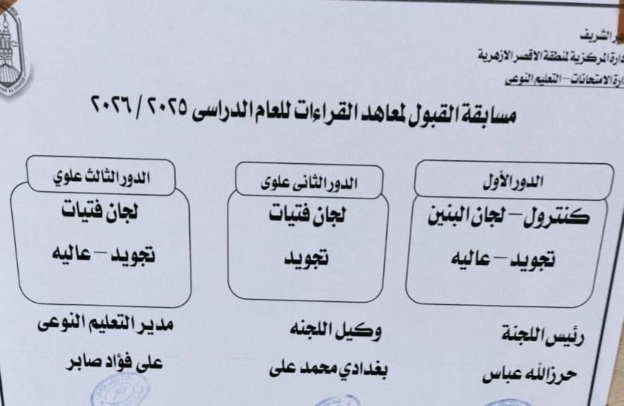 مسابقة القبول لمعاهد القراءات للعام الدراسي الحالى مسابقة القبول لمعاهد القراءات للعام الدراسي الحالى