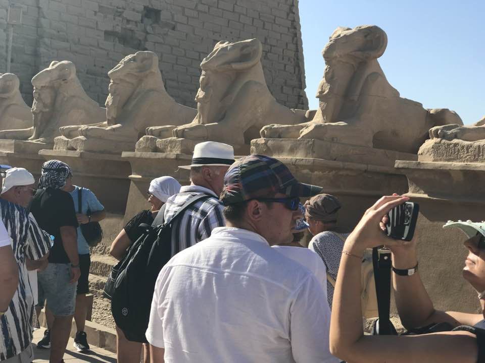 السياح يستمتعون بالشرح أمام كباش الكرنك السياح يستمتعون بالشرح أمام كباش الكرنك