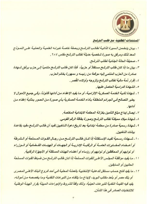 المستندات المطلوبة للمترشحين بانتخابات النواب (4) المستندات المطلوبة للمترشحين بانتخابات النواب (4)