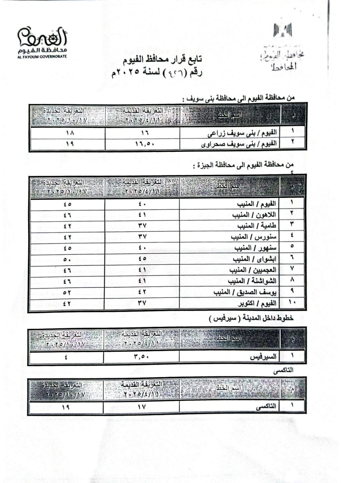 تعريفة الركوب الجديدة لسيارات الأجرة والتاكسي بمحافظة الفيوم (3) تعريفة الركوب الجديدة لسيارات الأجرة والتاكسي بمحافظة الفيوم (3)