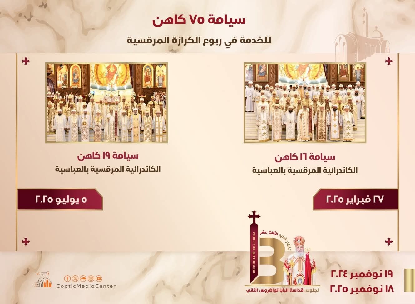 البابا تواضروس الثاني يرسم 75 كاهنًا خلال عام 1 البابا تواضروس الثاني يرسم 75 كاهنًا خلال عام 1