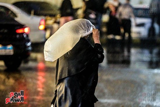 سيدة تغطى رأسها أثناء المطر سيدة تغطى رأسها أثناء المطر