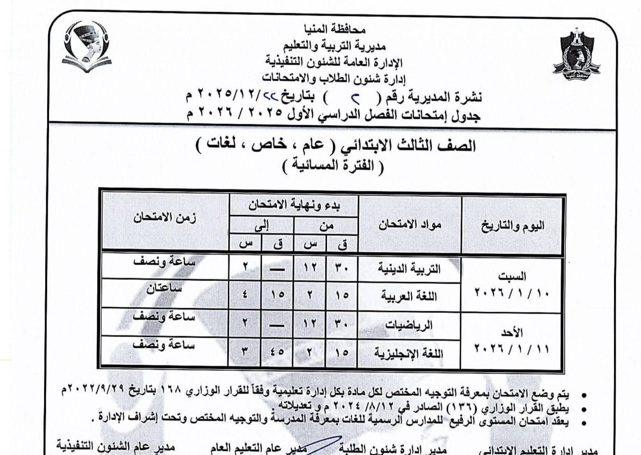 جداول إمتحانات الفصل الدراسى الاول للمرحلة الإبتدائية بالمنيا (1)