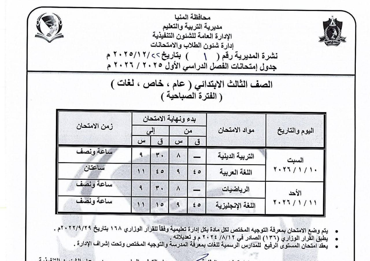 جداول إمتحانات الفصل الدراسى الاول للمرحلة الإبتدائية بالمنيا (8)