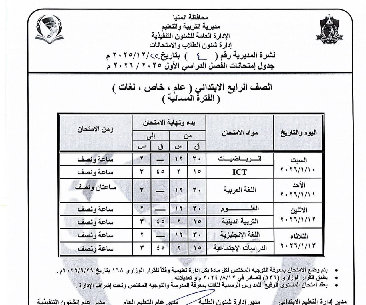 جداول إمتحانات الفصل الدراسى الاول للمرحلة الإبتدائية بالمنيا (7)