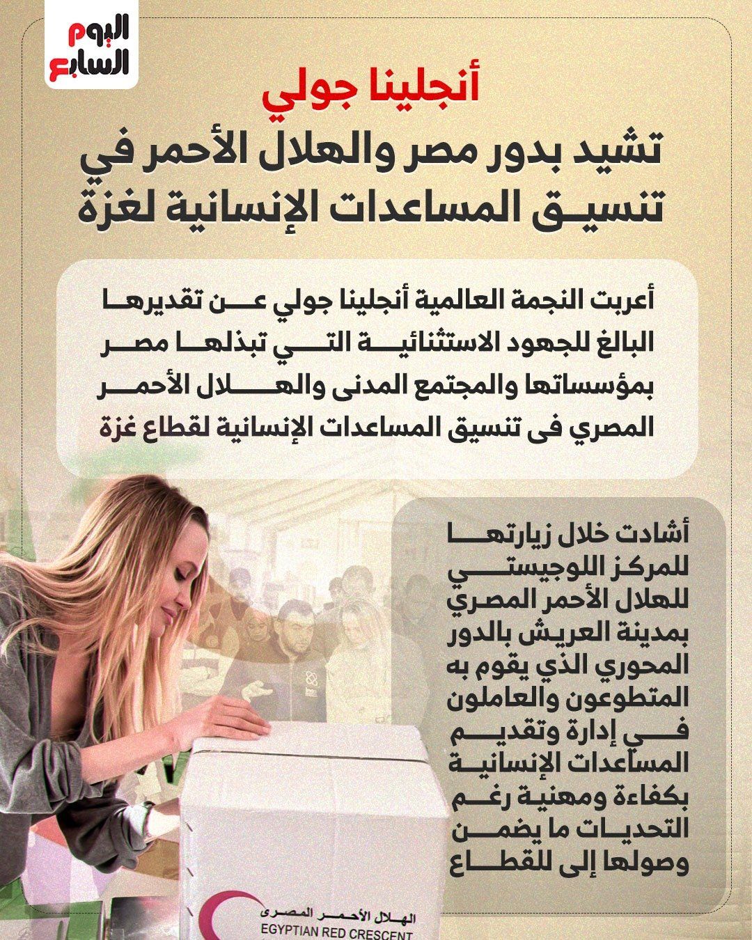 أنجلينا جولي تشيد بدور مصر والهلال الأحمر في تنسيق المساعدات الإنسانية لغـ ـزة