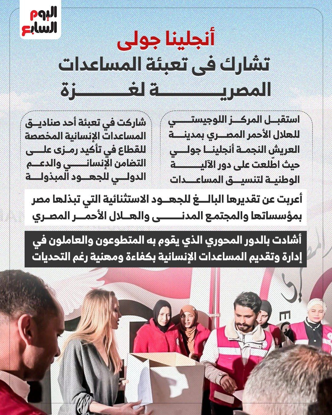 النجمة العالمية أنجلينا جولى تشارك فى تعبئة المساعدات المصرية لغزة