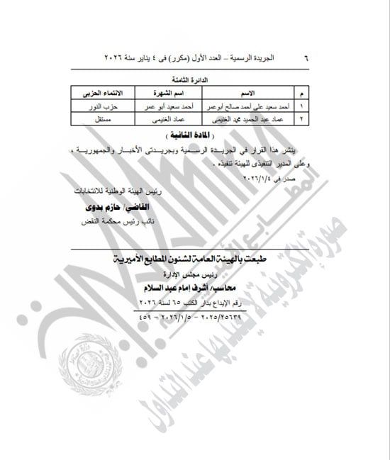 الهيئة الوطنية تعلن نتائج جولة الإعادة لبعض دوائر الفردى بانتخابات النواب (6)