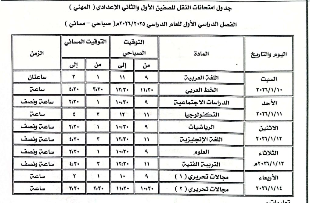 جدول امتحان الصف الأول والثاني الإعدادي المهني جدول امتحان الصف الأول والثاني الإعدادي المهني