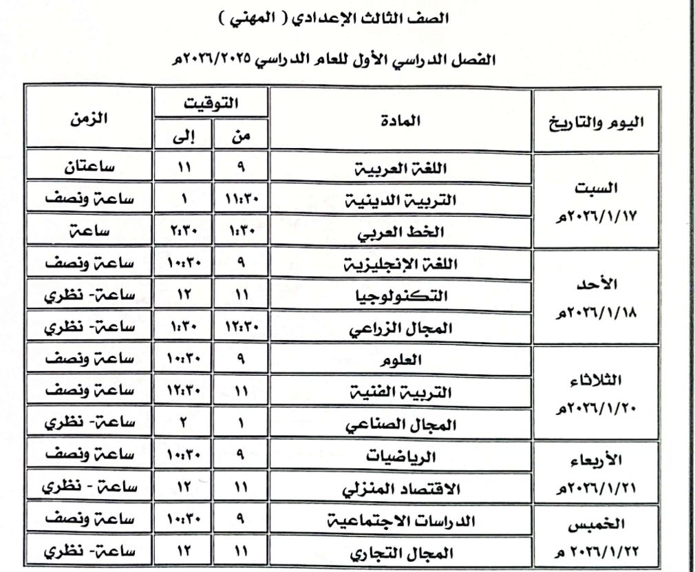 جدول امتحان الصف الثالث الإعدادي المهني