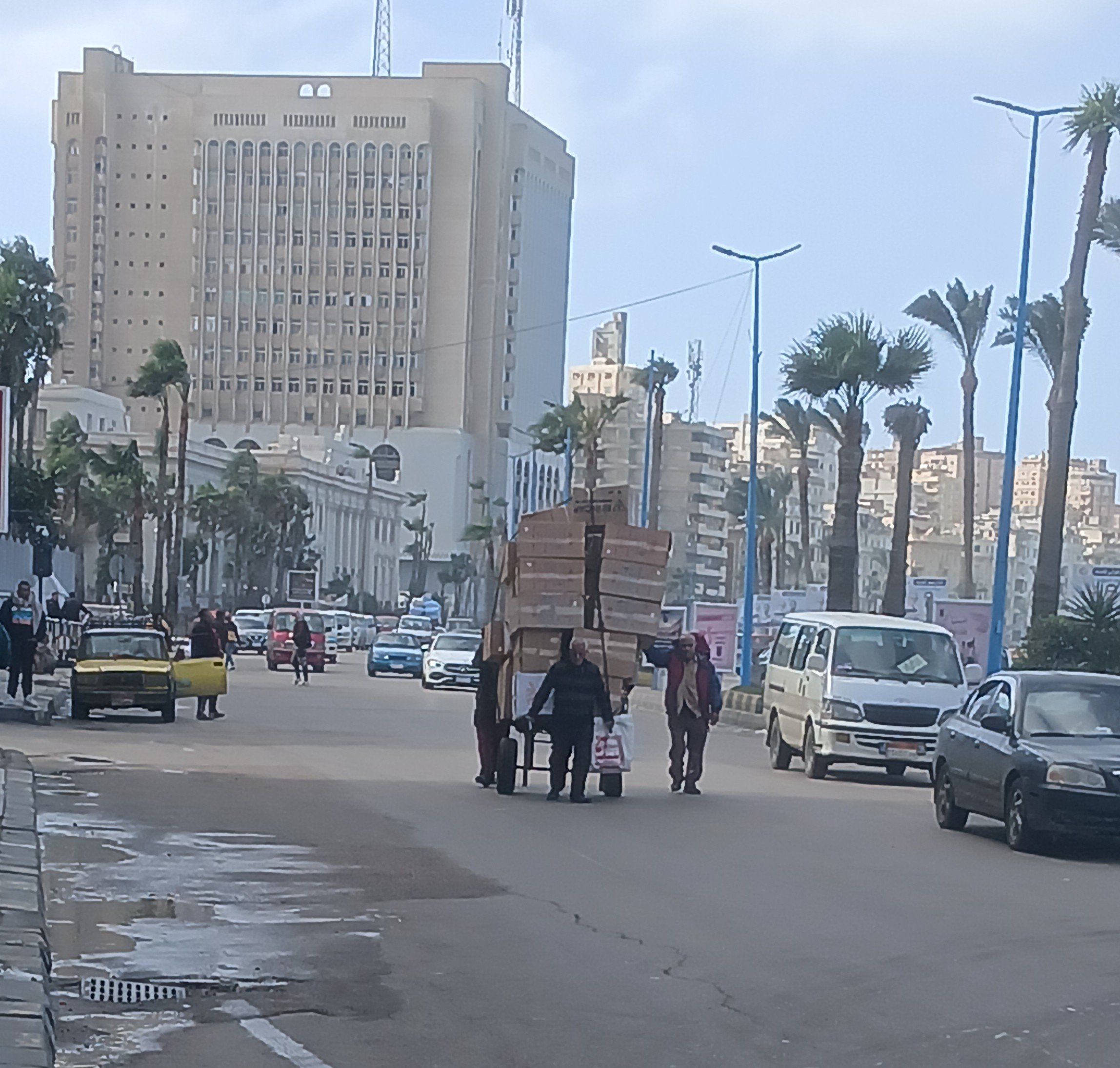 عامل يحمل عربة محملة بضائع تحت الظروف الجوية الإسكندرية عامل يحمل عربة محملة بضائع تحت الظروف الجوية الإسكندرية