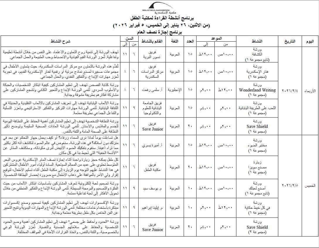 جدول برنامج الأنشطة لإجازة نصف العام بمكتبة الإسكندرية (3) جدول برنامج الأنشطة لإجازة نصف العام بمكتبة الإسكندرية (3)