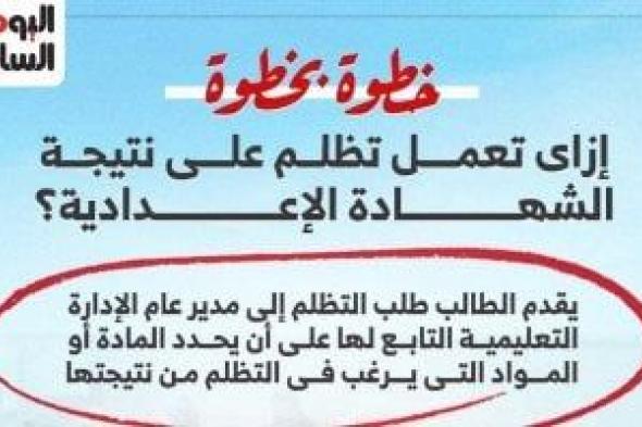خطوة
بخطوة..
إزاى
تعمل
تظلم
على
نتيجة
الشهادة
الإعدادية؟
(إنفوجراف)