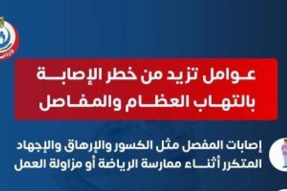 وزارة
الصحة
تحذر
من
عوامل
تزيد
خطر
الإصابة
بالتهابات
العظام
والمفاصل